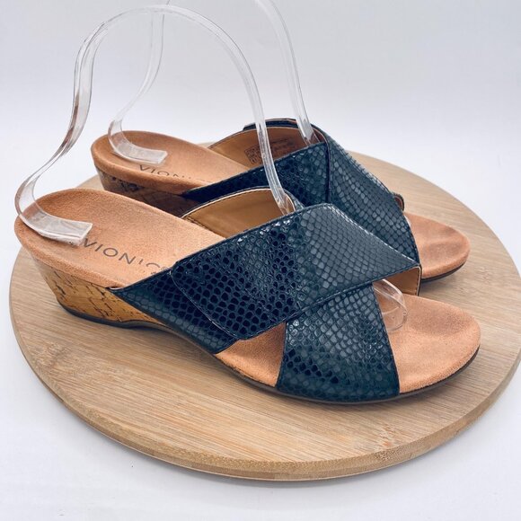 Vionic Leticia Sandals Womens 8.5 Black Leather Cross Cross Strap Wedge Peep - Picture 1 of 13